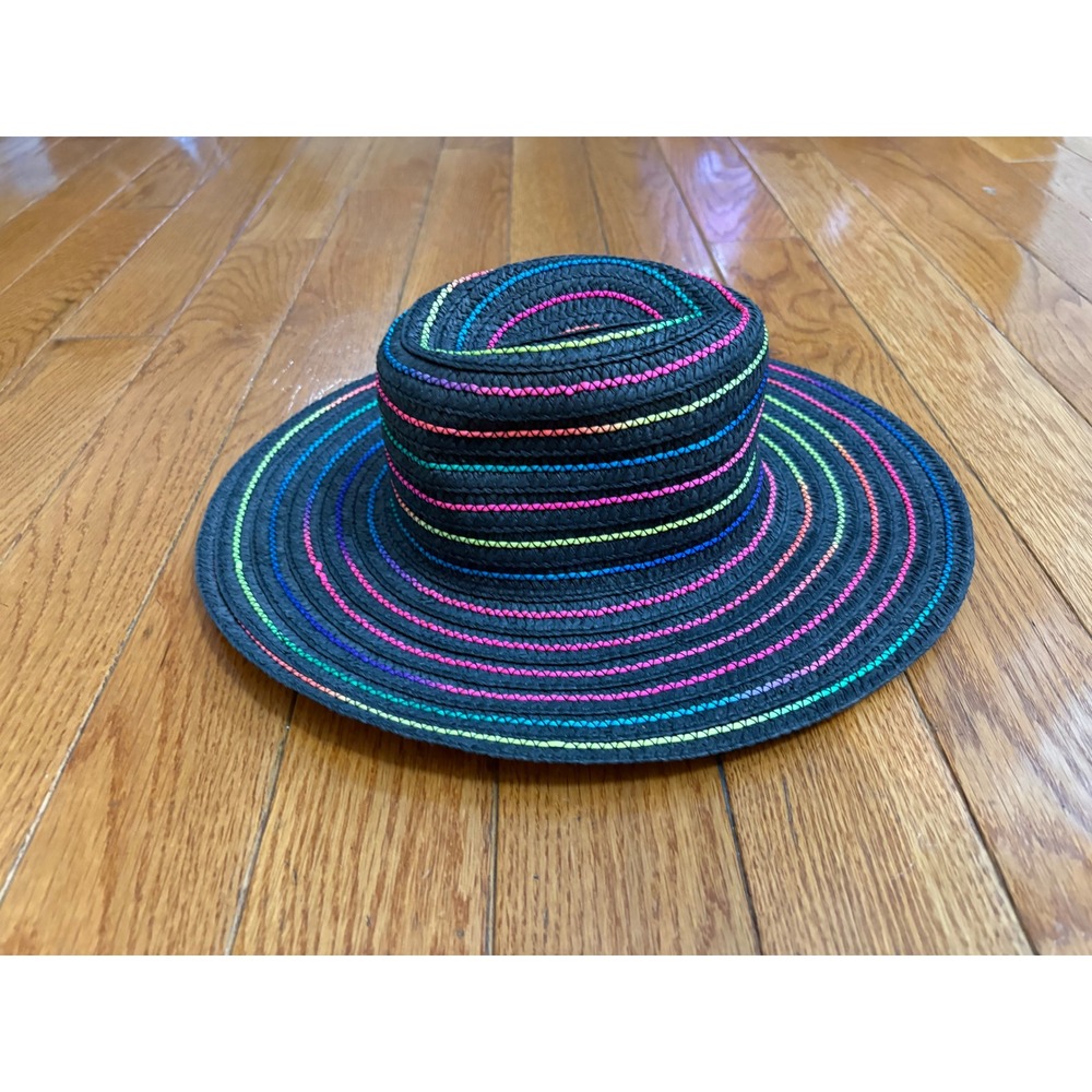Black Paper Straw Sun Hat Neon Rainbow Striped Wide Brim Beach Hat RN 90737